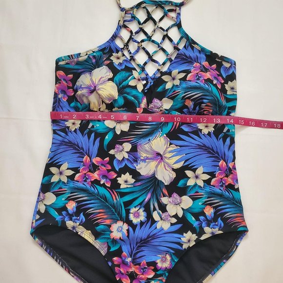 Tahiti Women's Blue/Multi One-Piece Lattice Front Halter Floral Swimsuit M(8-10) - Picture 12 of 14